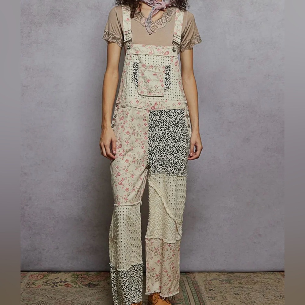 POL Patchwork Floral and Leopard Print Overalls in Beige and Cream